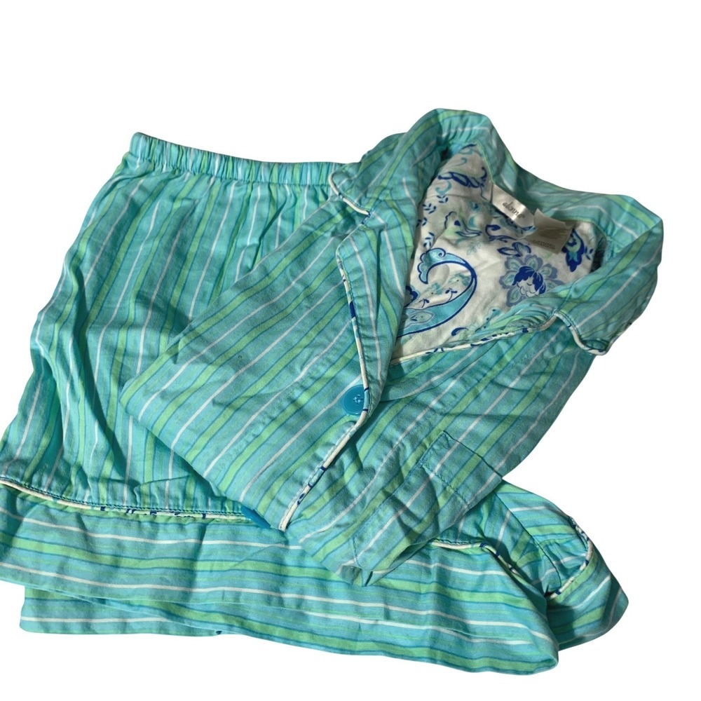Adonna Pajama Set Large Teal Green Striped Cotton Button Front Short Sleeve PJs